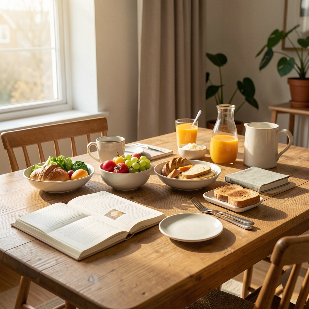 Neatly arranged morning table with a wholesome breakfast, open journal, and morning light streaming through a window, conveying intentional daily routines and structured living