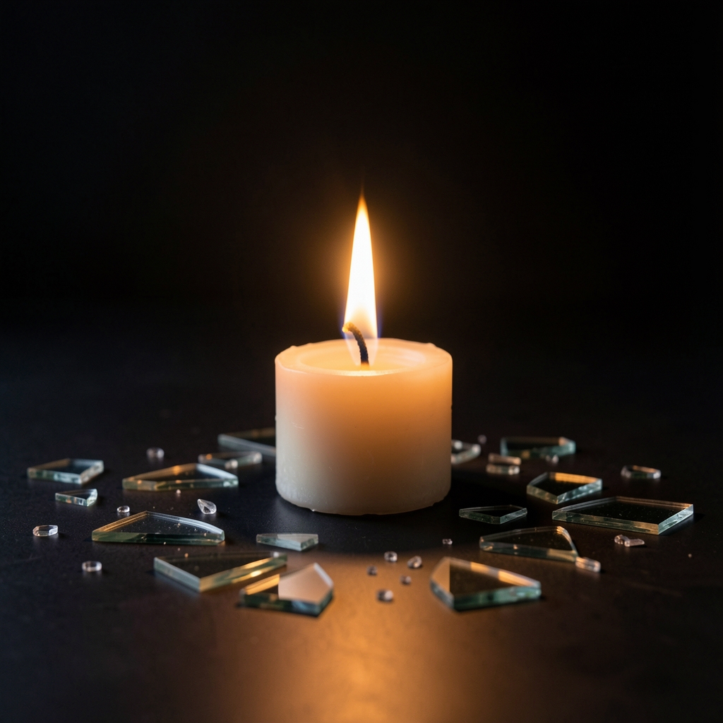 Single candle flame burning clearly against a dark background with small mirror fragments arranged around it, symbolising clarity emerging from fragmented misunderstandings
