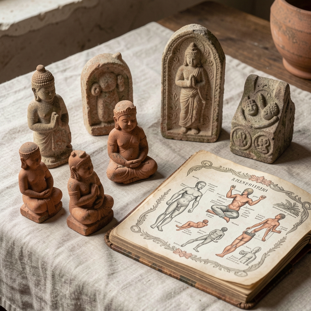 Collection of ancient terracotta figurines, weathered stone carvings, and illustrated manuscripts arranged on a linen cloth, representing diverse historical views on the human body and wellbeing