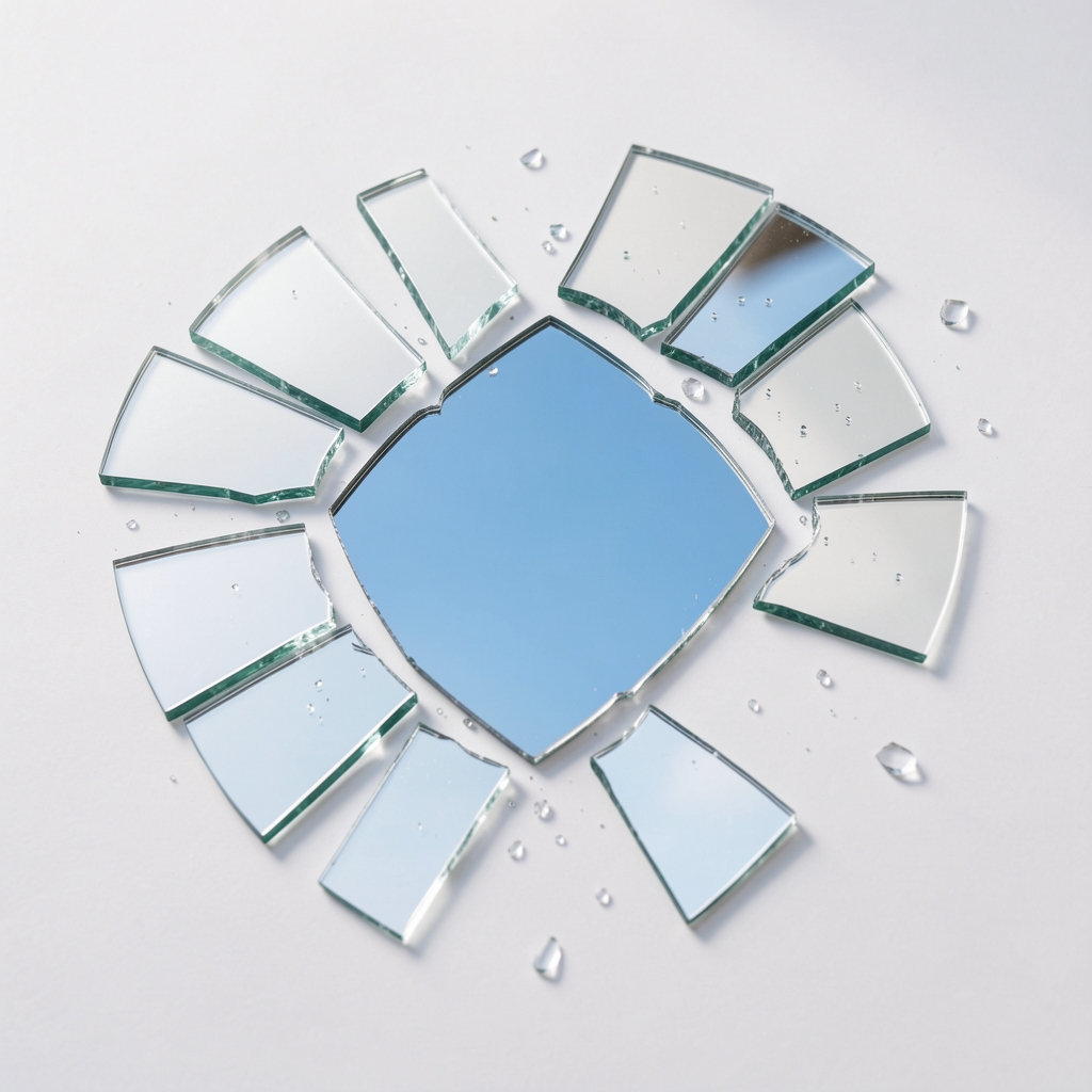 Shattered mirror in multiple fragments on a white surface with one central piece reflecting a clear blue sky, symbolising broken assumptions and the emergence of clearer understanding