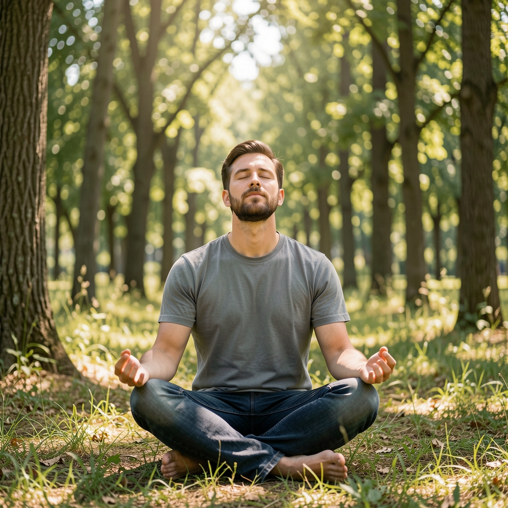 Man seated cross-legged outdoors in a sunlit clearing among trees, eyes closed in a posture of quiet focus and mindful breathing, surrounded by dappled natural light