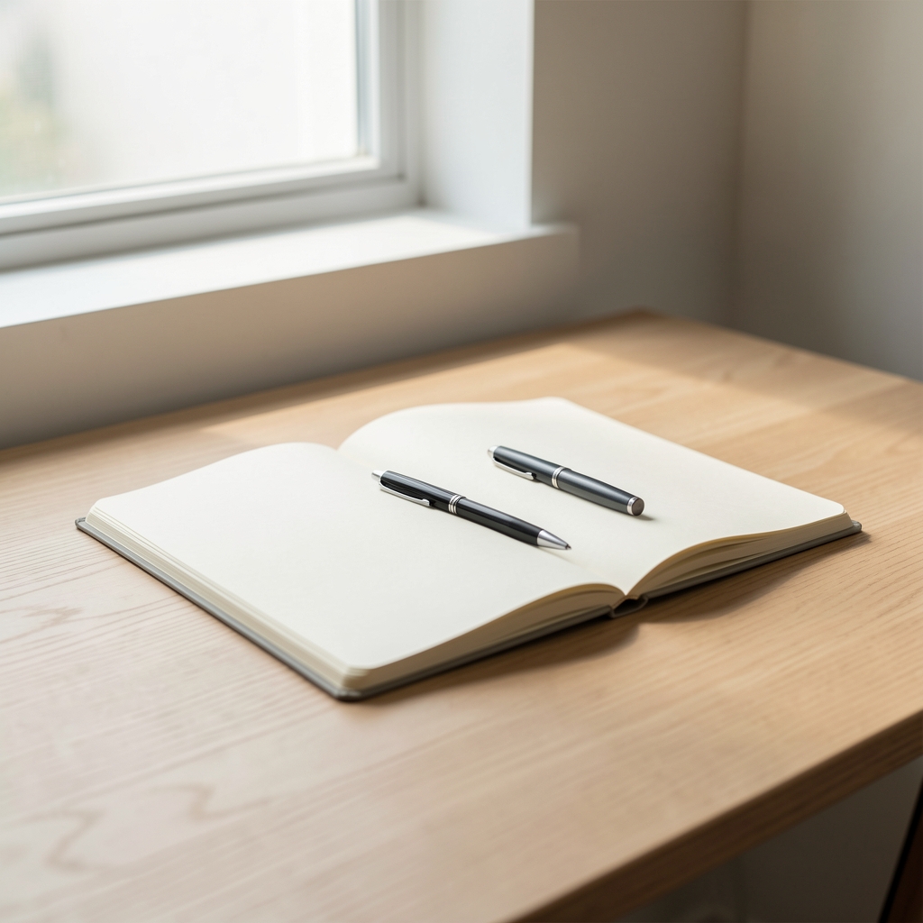 Minimalist wooden desk with an open notebook, uncapped pen resting on paper, and soft daylight from a window, conveying thoughtful written correspondence and quiet communication