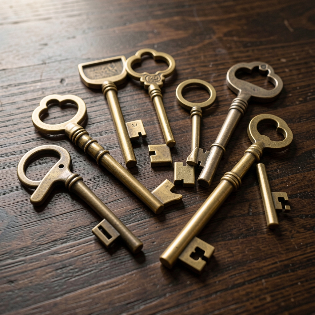 Arrangement of vintage brass keys on a dark wooden surface, each key symbolising access to a different area of knowledge and conceptual understanding