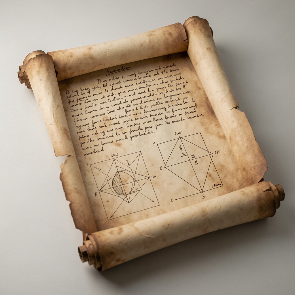 Aged parchment scroll partially unrolled revealing faded handwritten text and geometric diagrams, representing ancient scholarly traditions and historical documentation