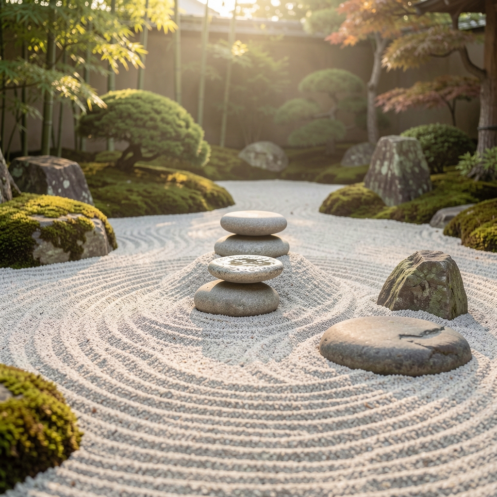 Zen garden with carefully raked sand and balanced stones in soft morning light, representing equilibrium and intentional order in daily life