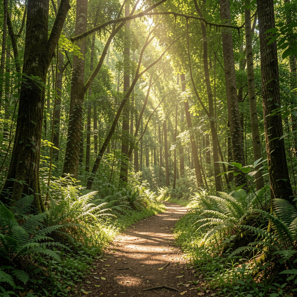 Lush green forest path dappled with sunlight filtering through the canopy, symbolising growth, vitality, and natural progression